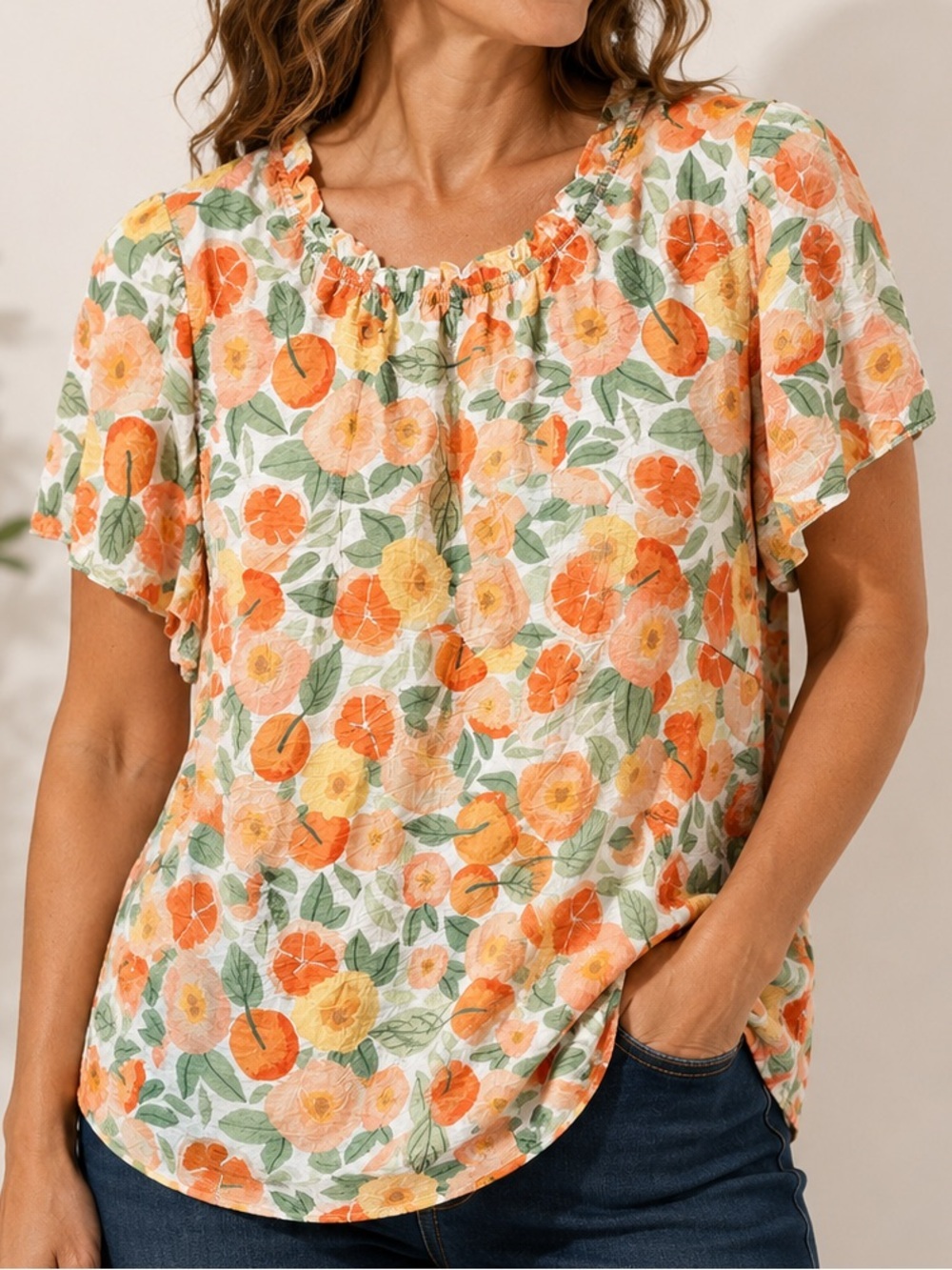 BloomChic Orange & Yellow Floral Short-Sleeve Blouse size 10